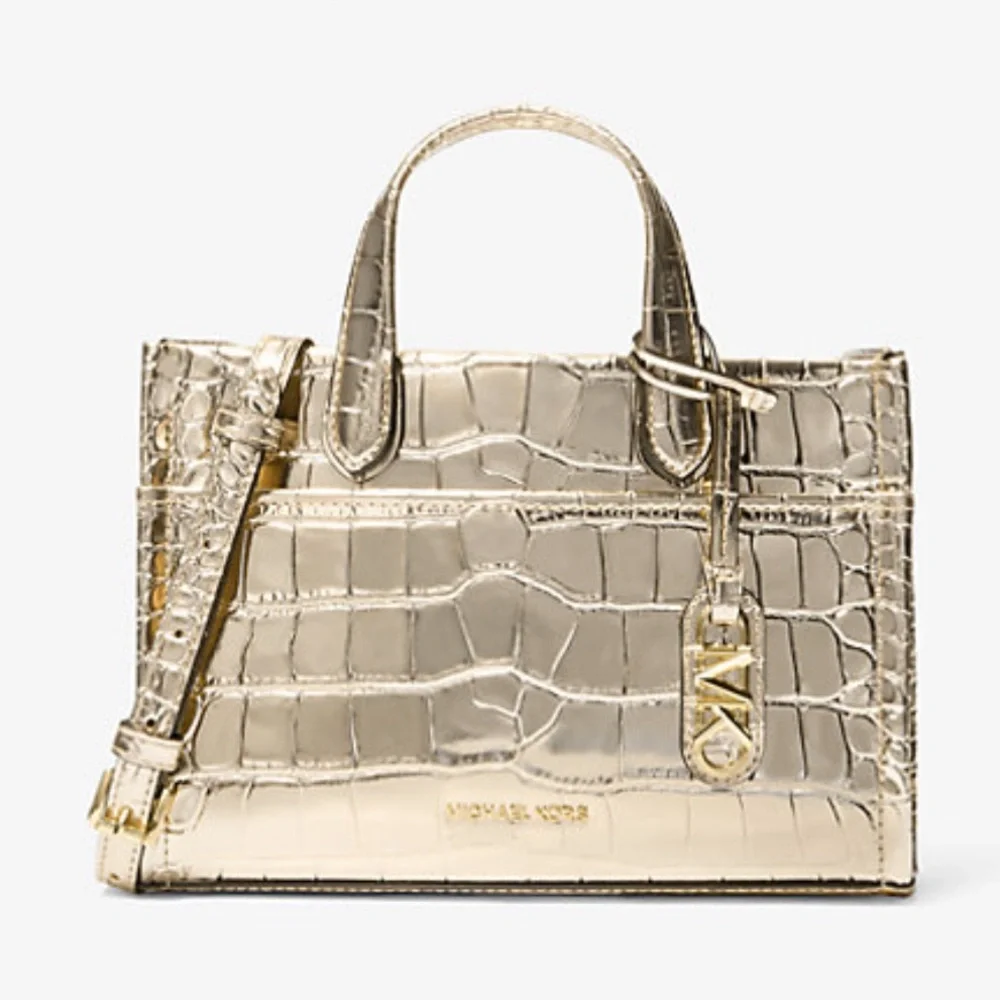 Michael Kors Gigi Small Metallic Crocodile Embossed Leather Messenger Pale Gold